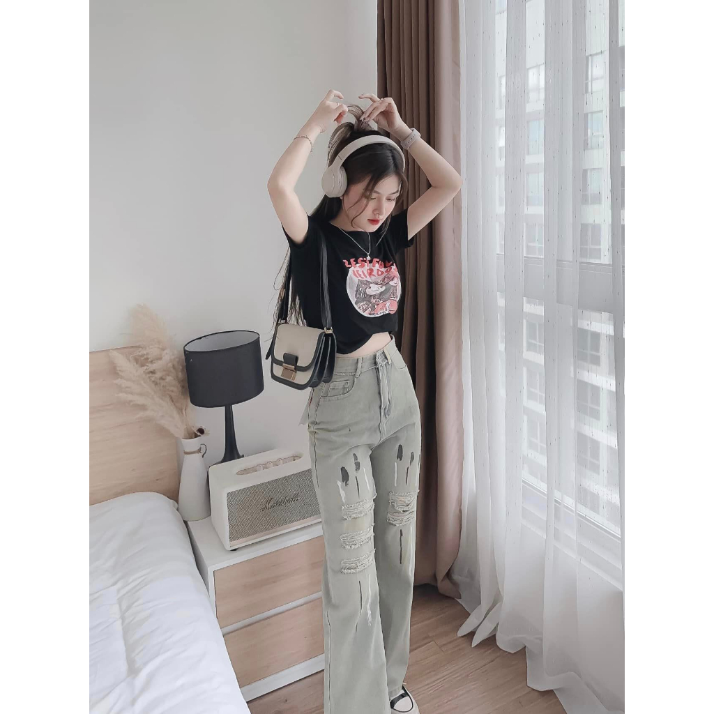[ORLA150]QUẦN JEANS ỐNG RỘNG NỮ LƯNG CAO RÁCH 5 MẢNG KÈM VỆT SƠN TRẮNG ĐEN LAI CUỐN MÀU NHẠT DƠ SIÊU HOT