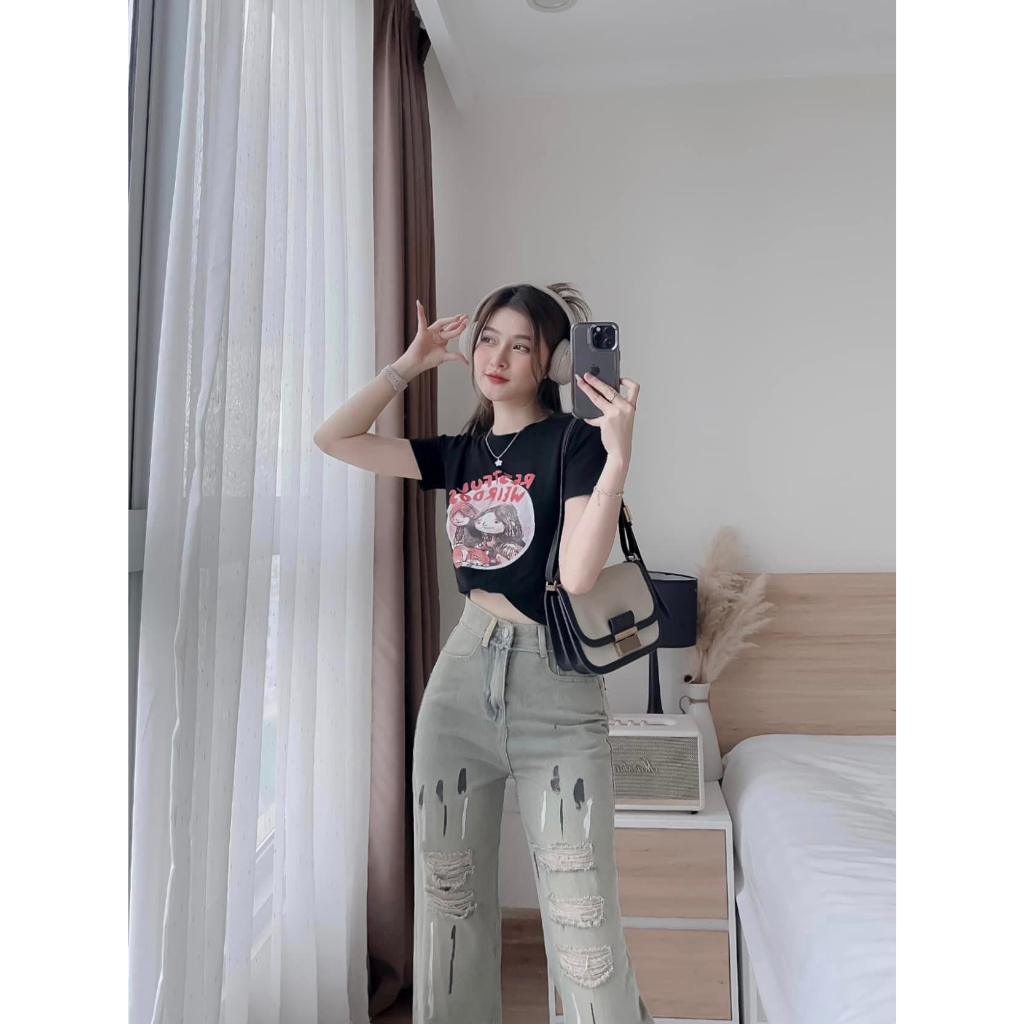 [ORLA150]QUẦN JEANS ỐNG RỘNG NỮ LƯNG CAO RÁCH 5 MẢNG KÈM VỆT SƠN TRẮNG ĐEN LAI CUỐN MÀU NHẠT DƠ SIÊU HOT