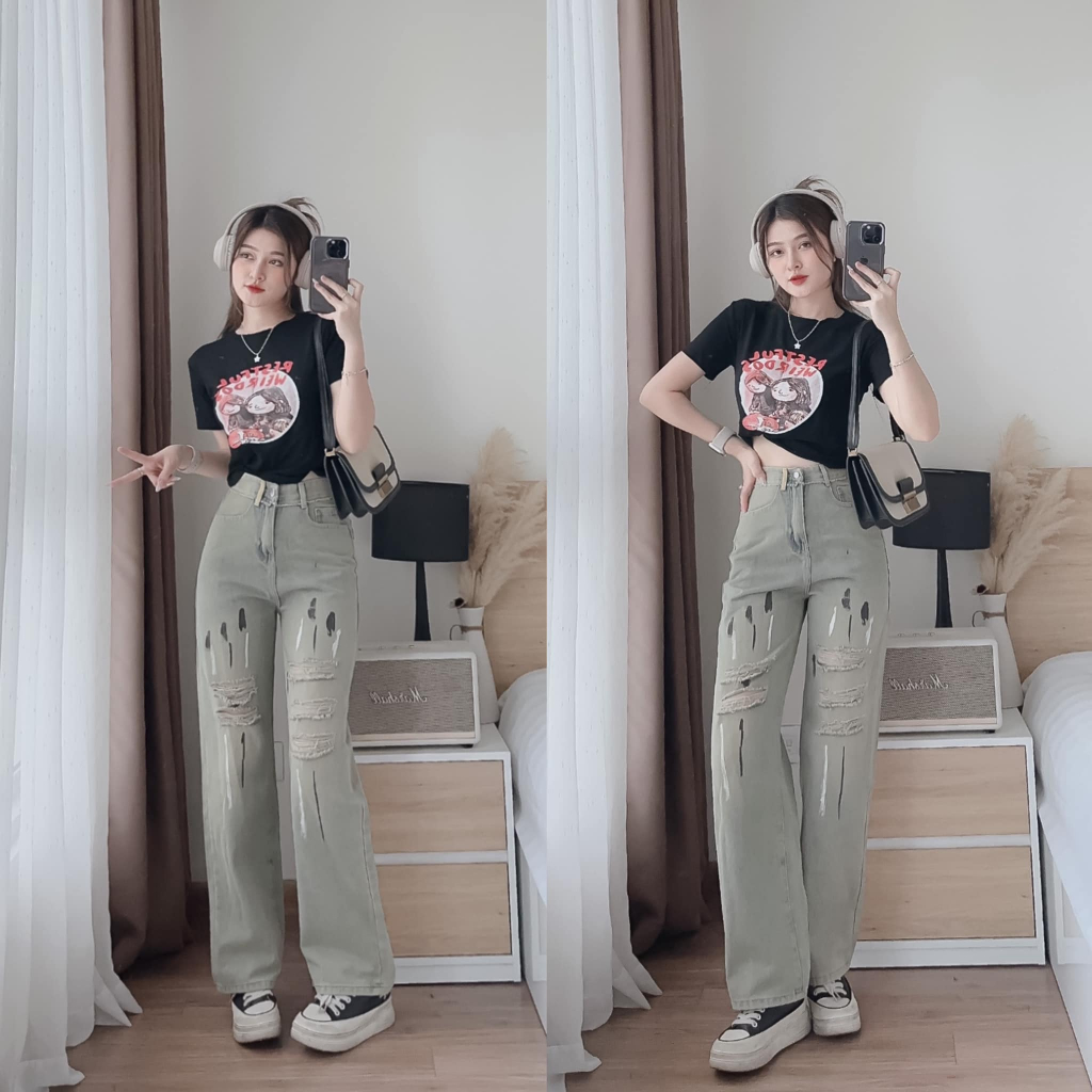 [ORLA150]QUẦN JEANS ỐNG RỘNG NỮ LƯNG CAO RÁCH 5 MẢNG KÈM VỆT SƠN TRẮNG ĐEN LAI CUỐN MÀU NHẠT DƠ SIÊU HOT