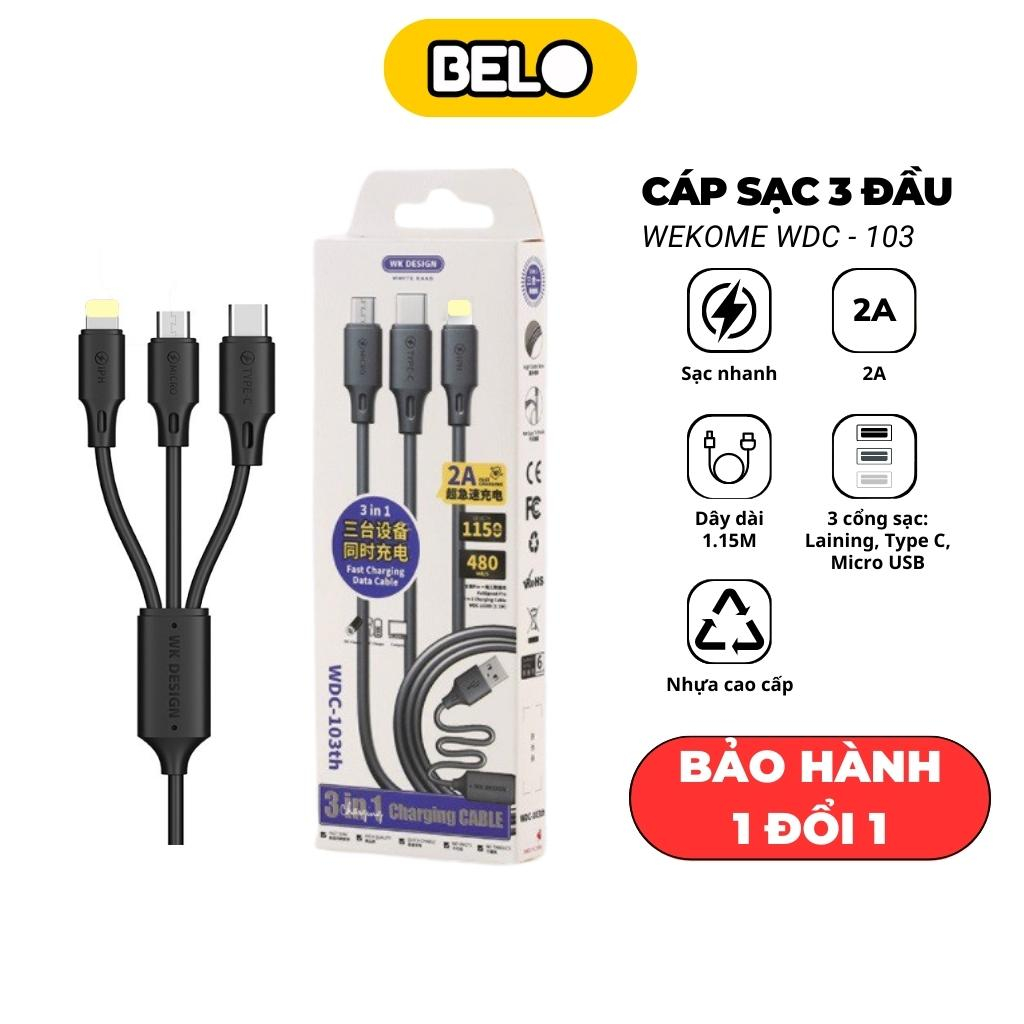 Dây sạc 3 đầu, cáp sạc 3 đầu, dây sạc nhanh 3 đầu Micro usb/ Type-C/ Laining WDC 103 – Belo