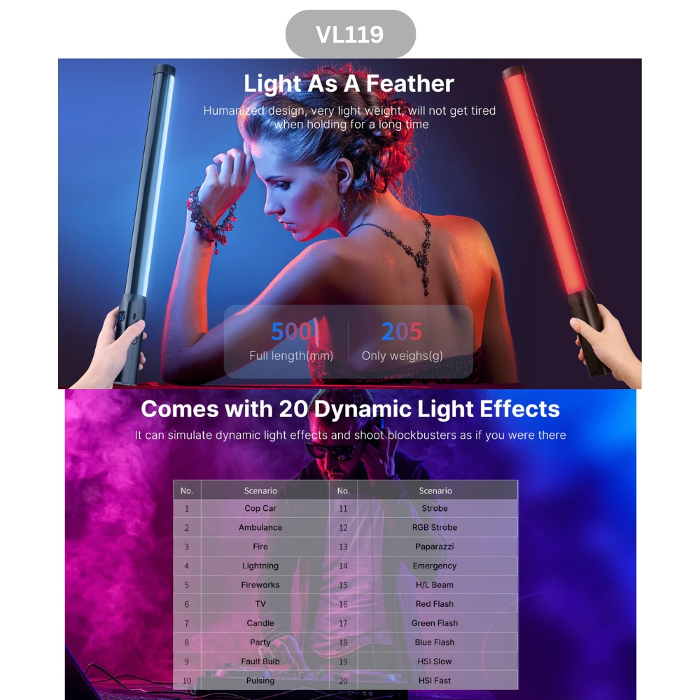 ULANZI VL110 RGB / VL119 RGB  - Đèn Ống Từ Tính Đổi Màu RGB - Hàng Chính Hãng