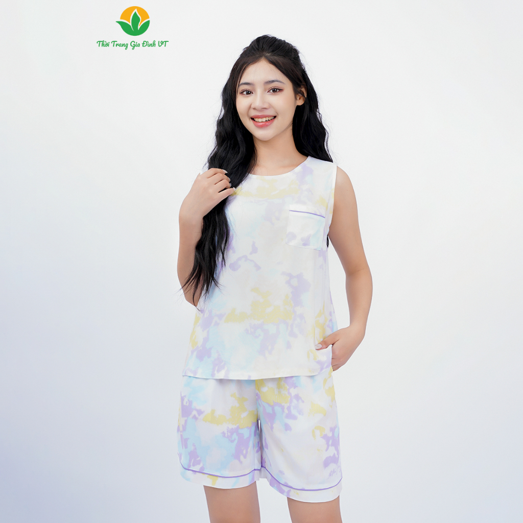 Bộ quần áo mặc nhà cho nữ mùa hè, quần đùi, áo sát nách chất Lanh - B02.2303  thời trang Việt Thắng