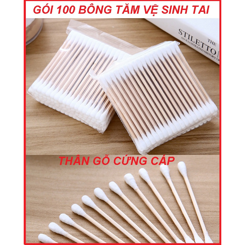Gói 100 Que Tăm Bông Ngoáy Tai Thân Gỗ
