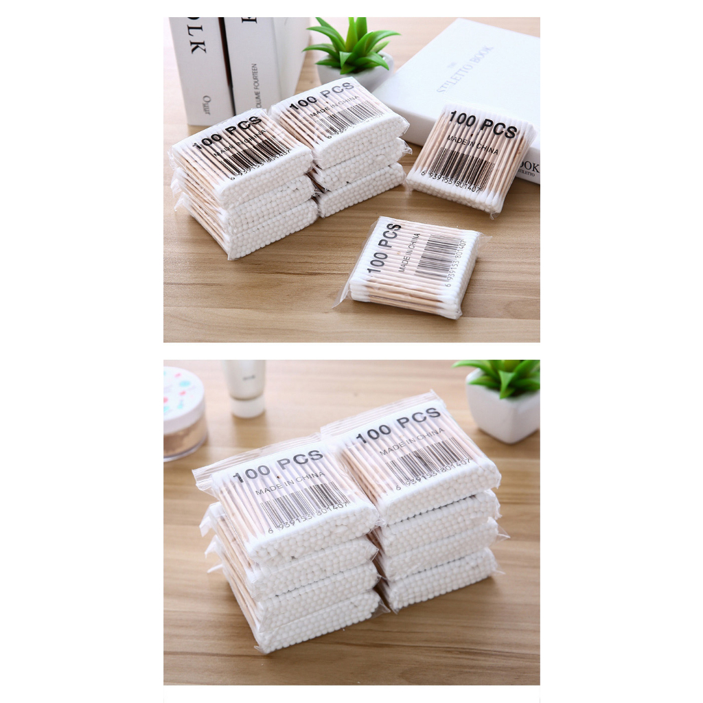 Gói 100 Que Tăm Bông Ngoáy Tai Thân Gỗ