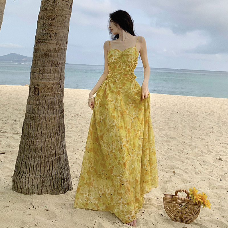 Váy đi biển cho nữ maxi dáng dài 2 dây hở lưng hở vai thắt eo tôn dáng màu vàng rực rõ dự tiệc Hàn Quốc 6129 CT-12.1A
