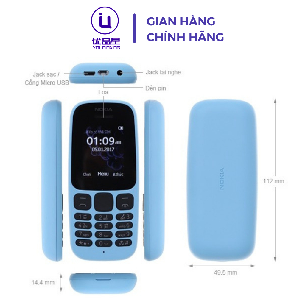 Điện thoại NOKIA 1O5 4G 2O17 bản 2 sim thiết kế siêu bền, tặng kèm pin sạc, bảo hành 12 tháng