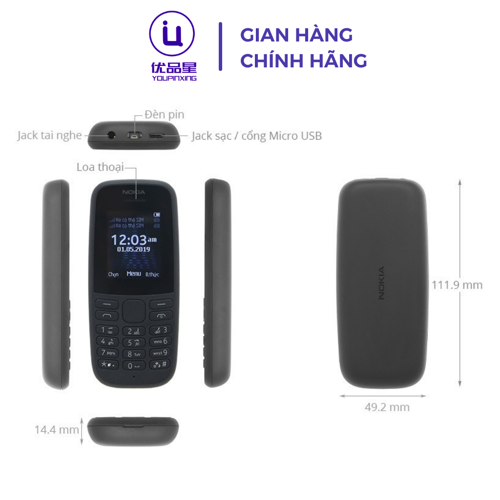 Điện thoại NOKIA 1O5 4G 2O19 bản 2 sim thiết kế bền bỉ, tặng kèm pin sạc, bảo hành 12 tháng | BigBuy360 - bigbuy360.vn