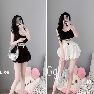 Sét bộ áo 2 dây croptop in chữ xe lin nè phối quần bí logo hiệu cực hot , chất thun bozip phối lụa mềm mịn