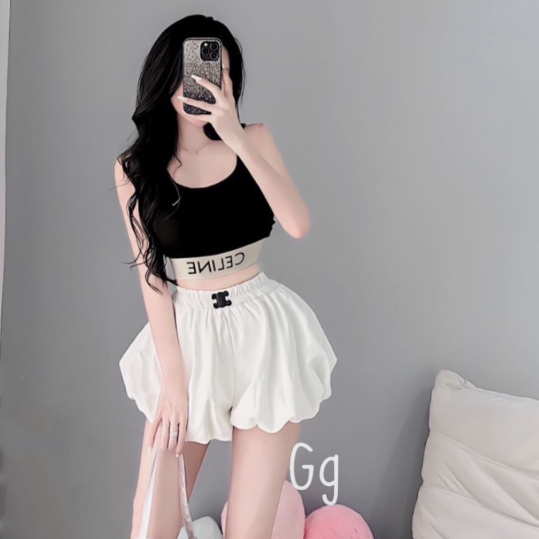 set bộ áo ba lỗ croptop kèm quần bồng bí logo lụa mịn