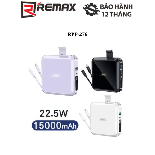 Cóc sạc nhanh kiêm pin sạc dự phòng đa năng Remax RPP-276 15000mAh tích hợp cáp sạc và giá đỡ điện thoại