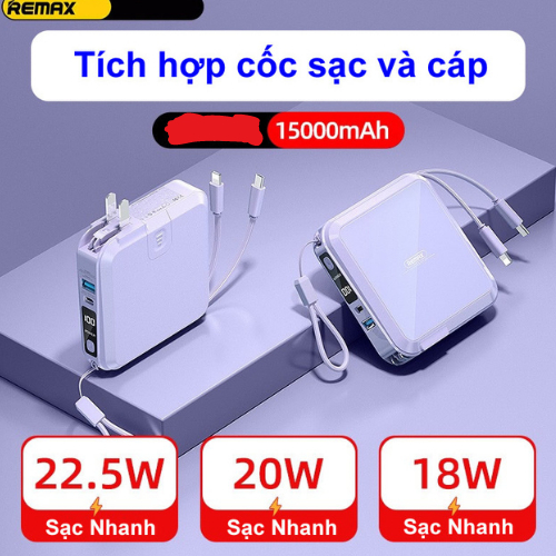 Cóc sạc nhanh kiêm pin sạc dự phòng đa năng Remax RPP-276 15000mAh tích hợp cáp sạc và giá đỡ điện thoại