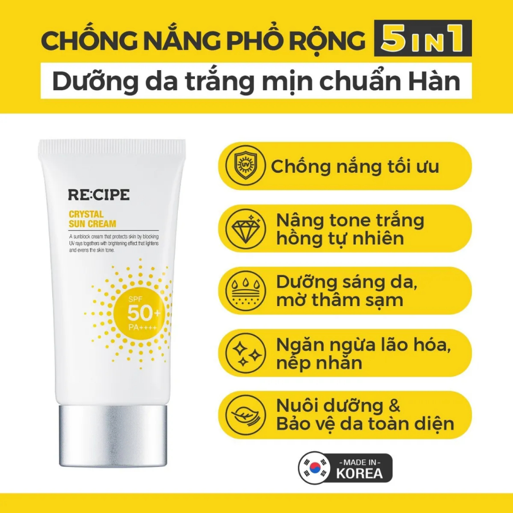 Kem chống nắng RECIPE SPF50+ PA++++ dưỡng trắng nâng tone chống nước Recipe Crystal Sun Cream 50ml