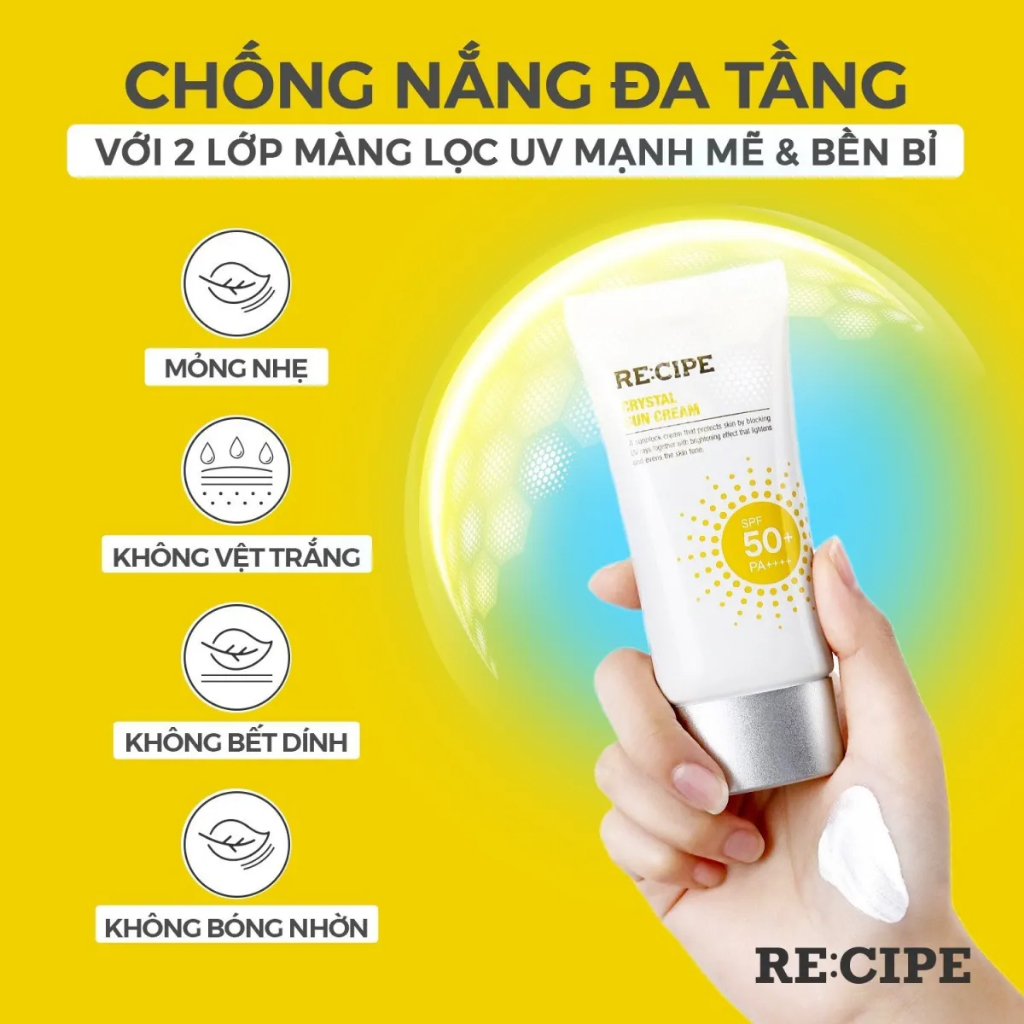 Kem chống nắng RECIPE SPF50+ PA++++ dưỡng trắng nâng tone chống nước Recipe Crystal Sun Cream 50ml