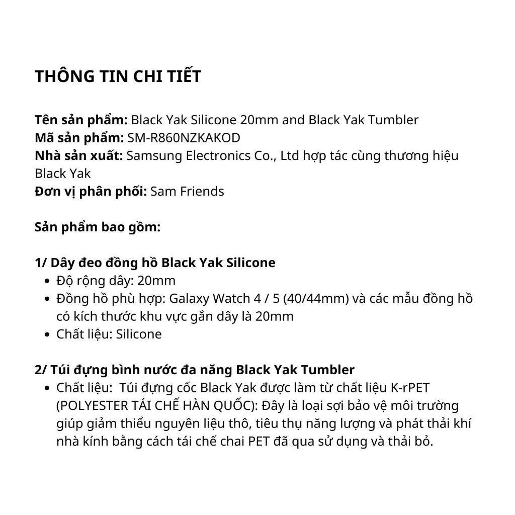 Bộ dây đồng hồ silicone 20mm + túi Black Yak cho Galaxy Watch 6 / 5 / 4