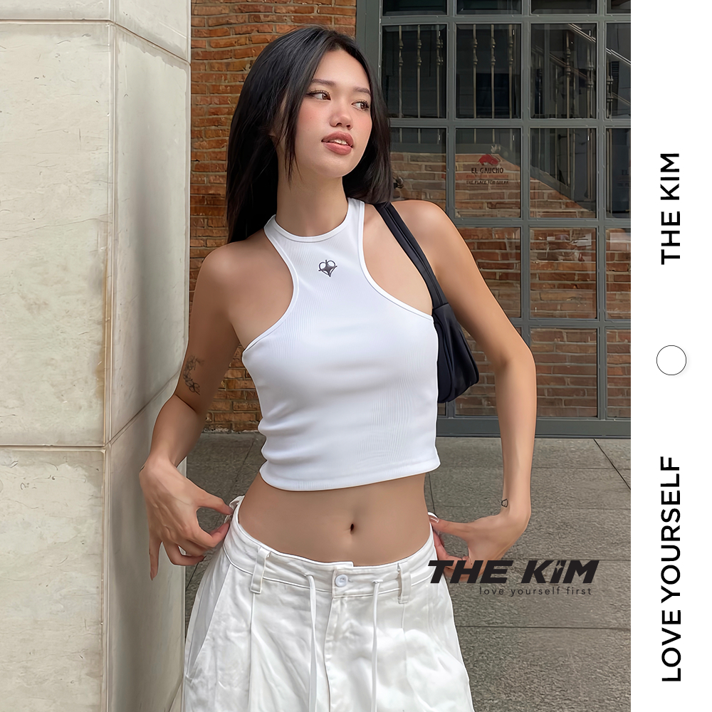 Áo croptop ba lỗ khoét ngực sâu The Kim, thêu logo blink heart A179