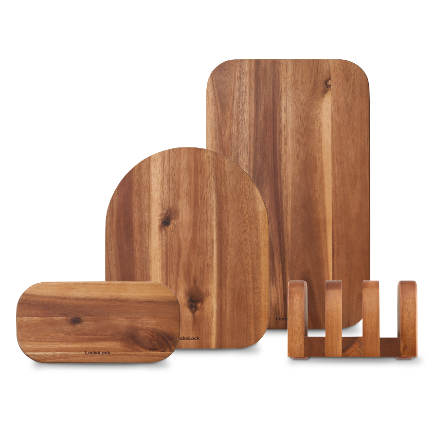 Bộ thớt gỗ keo 4 sản phẩm (3 thớt + 1 giá đỡ) Lock&Lock Acacia wood cutting board set màu nâu sẫm CKD075S4
