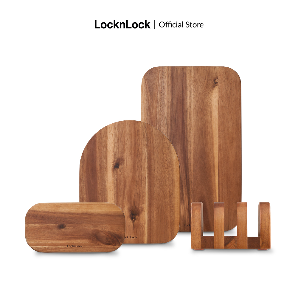 Bộ thớt gỗ keo 4 sản phẩm (3 thớt + 1 giá đỡ) Lock&Lock Acacia wood cutting board set màu nâu sẫm CKD075S4