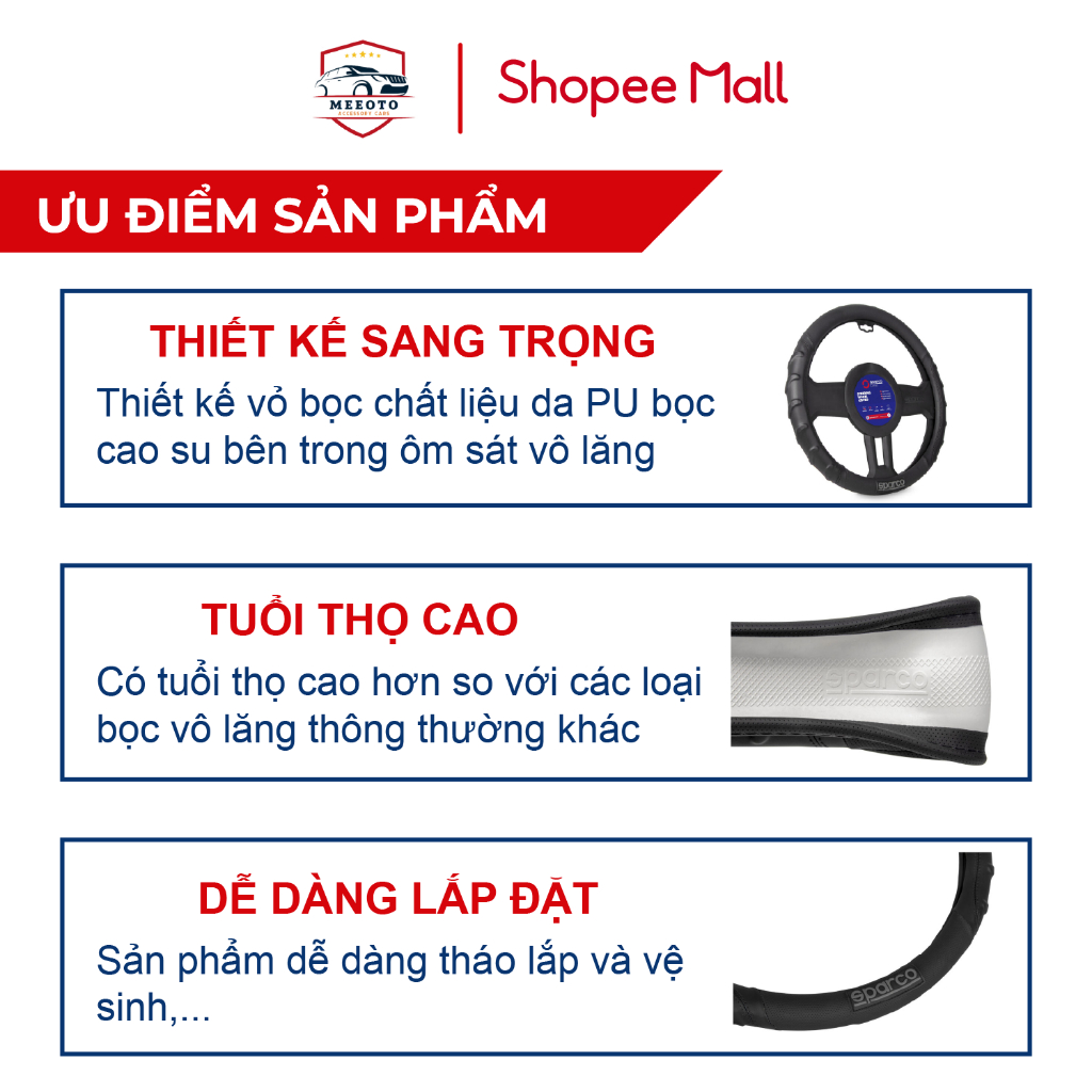 Bọc Vô Lăng Chính Hãng Sparco Meeoto Chất Liệu Da Thật Tay Cầm Êm Thoải Mái Chống Ra Mồ Hồi Ôm Sát Vô Lăng. | BigBuy360 - bigbuy360.vn