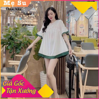 [Ảnh Thật] Áo Bầu Sơ Mi Trắng Viền Xanh Chất Lụa Mịn Mềm Mặc Hè Siêu Mát
