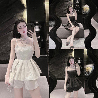 Set váy 2 dây peplum nơ đá chất tacta nhũ, mix quần sooc siêu sang