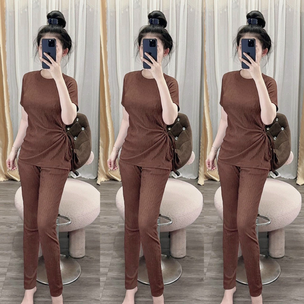 Set đồ bộ mặc ở nhà đi chơi, đồ bộ áo thun cổ tròn tay lỡ rút dây 2 bên hông chiết eo kết hợp quần dài ống ôm có 4 màu