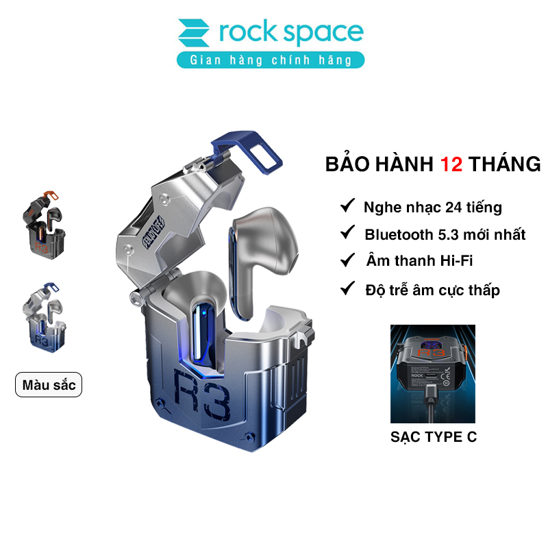 Tai nghe bluetooth không dây nhét tai TWS Rockspace R3 gaming chính hãng độ trễ âm cực thấp nghe nhạc 24h - BH 1 năm