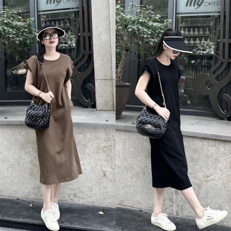 Đầm suông, váy nữ tay xếp cách điệu trơn basic dạo phố sang chảnh hai màu thời trang