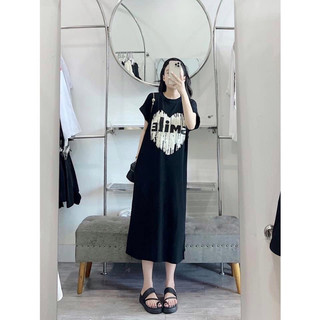 Đầm suông dáng dài in hình trái tim, váy cotton nữ tay ngắn cổ tròn form rộng thời trang