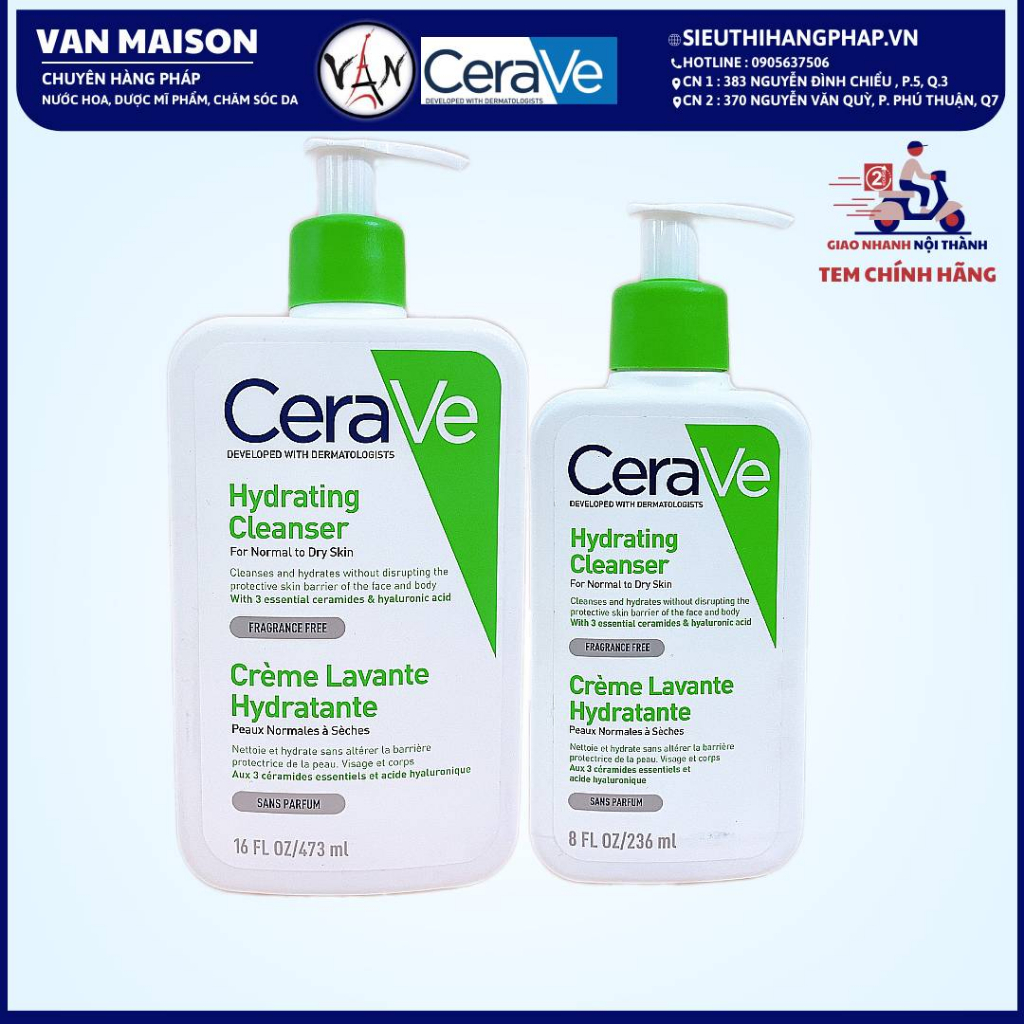 Sữa rửa mặt cerave hydrating cleanser dành cho da thường và da khô 236ml, 473ml - Phiên bản Pháp