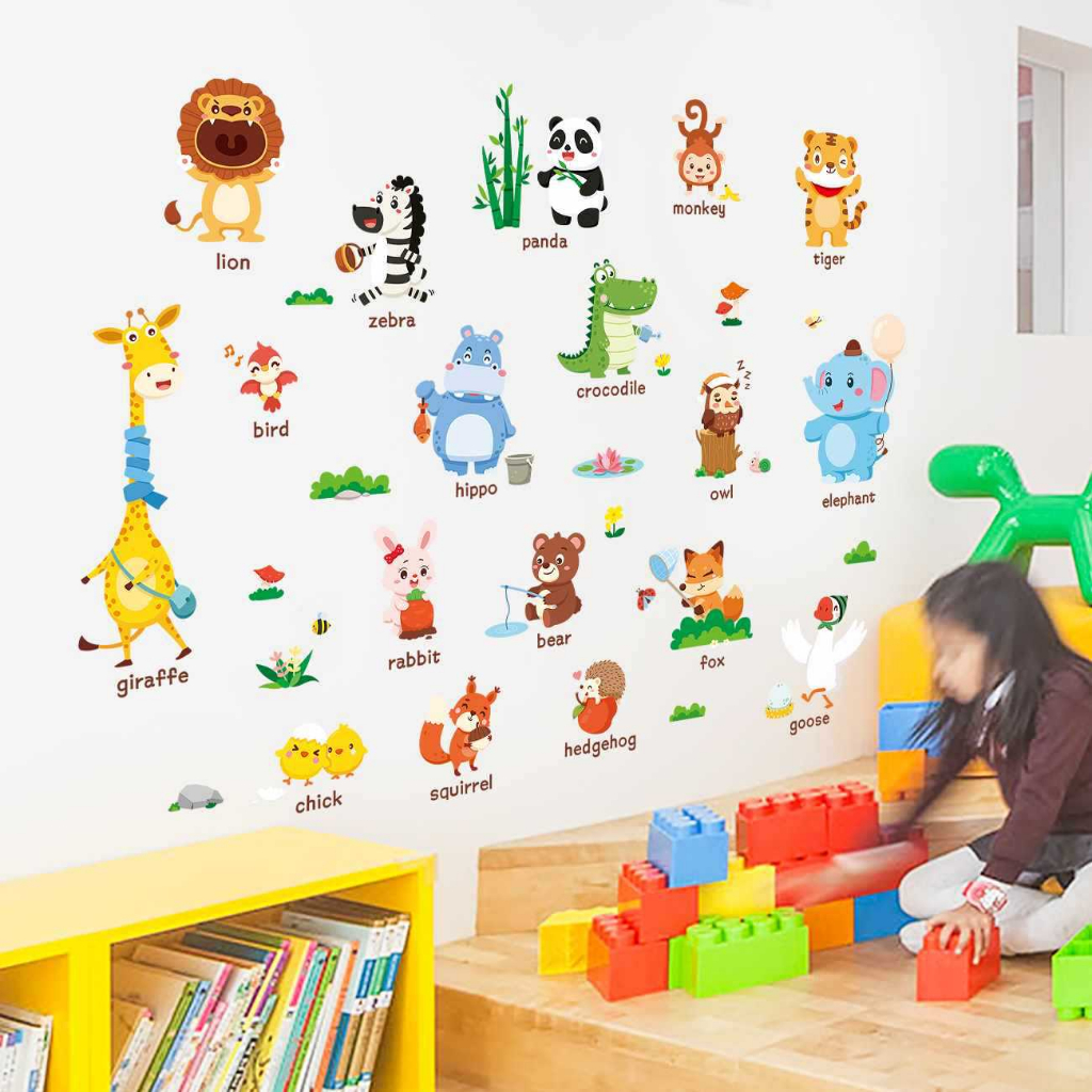 Decal dán tường cho bé, Tranh dán tường cho bé vườn thú tiếng Anh cho bé học trang trí phòng cho bé