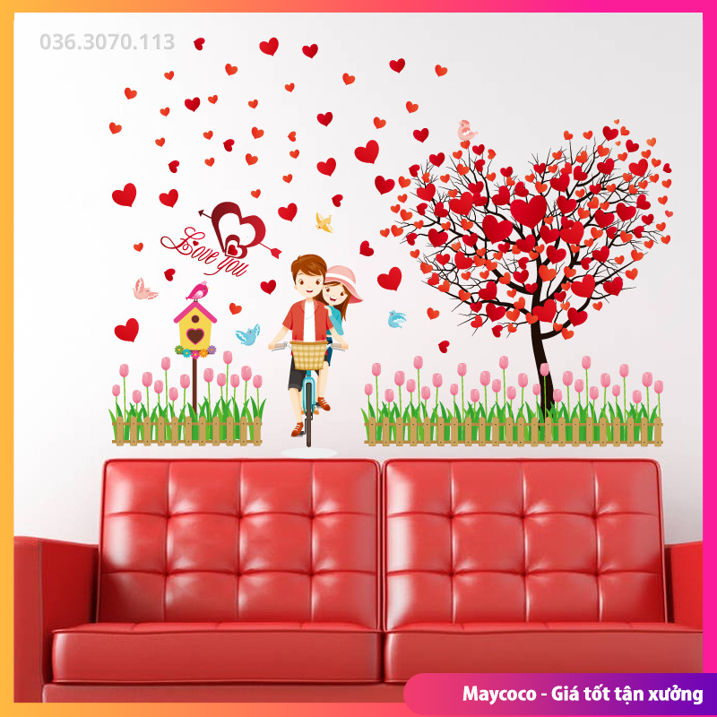 Decal, tranh dán tường trang trí nhà cửa phòng ngủ tình yêu xe đạp với cây hình trái tim màu đỏ SK9207