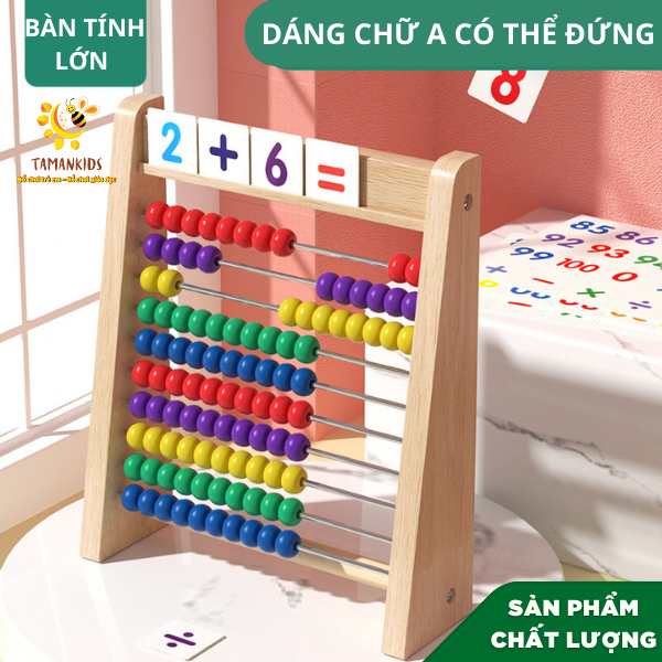 Đồ Chơi gỗ Thông Minh, Bàn Tính Học Toán Bằng Hạt Gỗ có 100 Hạt Kèm Thẻ