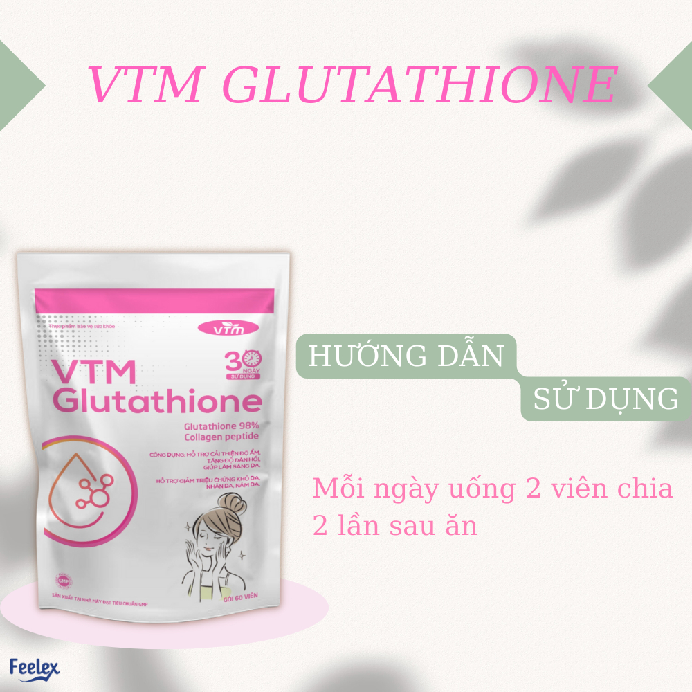 Viên uống VTM Glutathione làm sáng da, giảm triệu chứng khô da, nhăn da, nám da, tăng độ ẩm cho da - Gói 60v