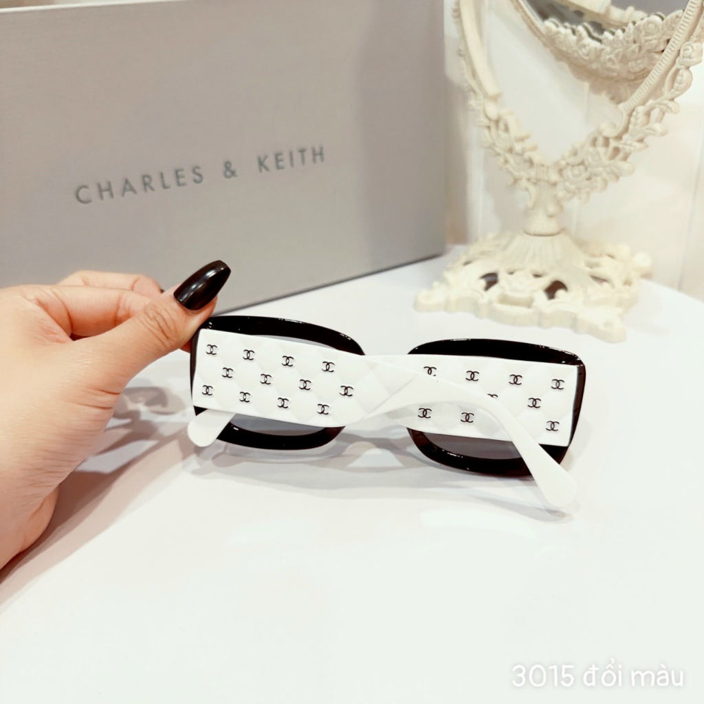 Kính mắt nữ cha nel gọng vuông phần chân bản to tròng kính polarized màu đen trắng tặng khăn