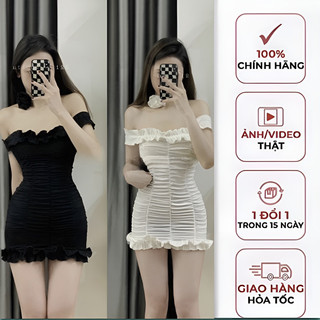 Đầm Body viền bèo nhún sườn ôm sát body, kèm phụ kiện dây hoa đeo cổ cực sexy , chất thun gân QC mềm mát
