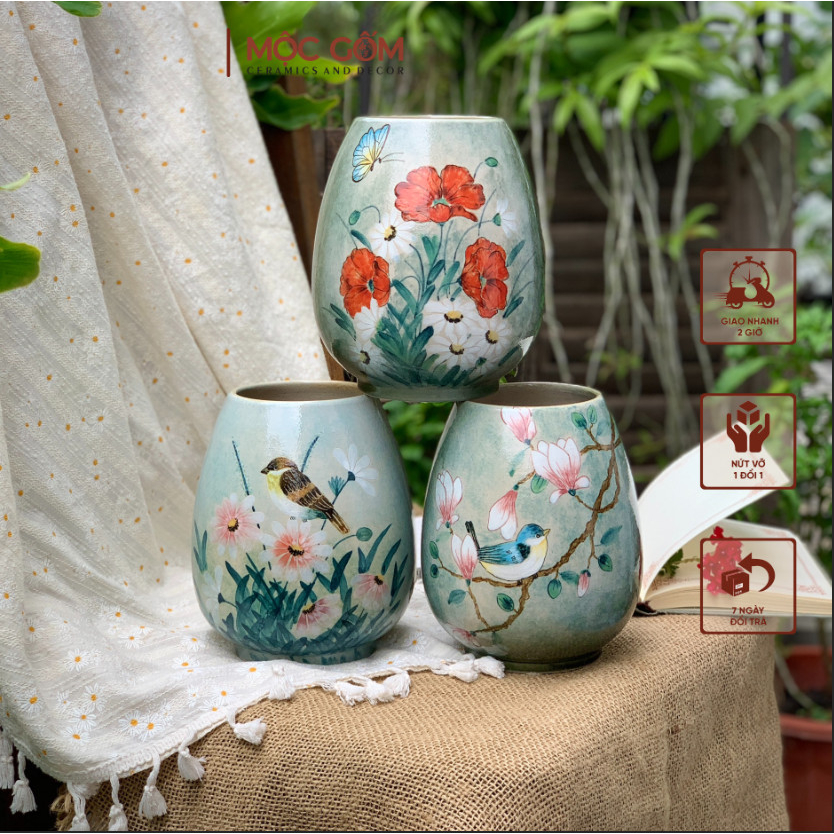 Bình gốm Bát Tràng vuốt, vẽ tay thủ công cao cấp đa dạng họa tiết cắm hoa trang trí nội thất | Mộc Gốm MG218