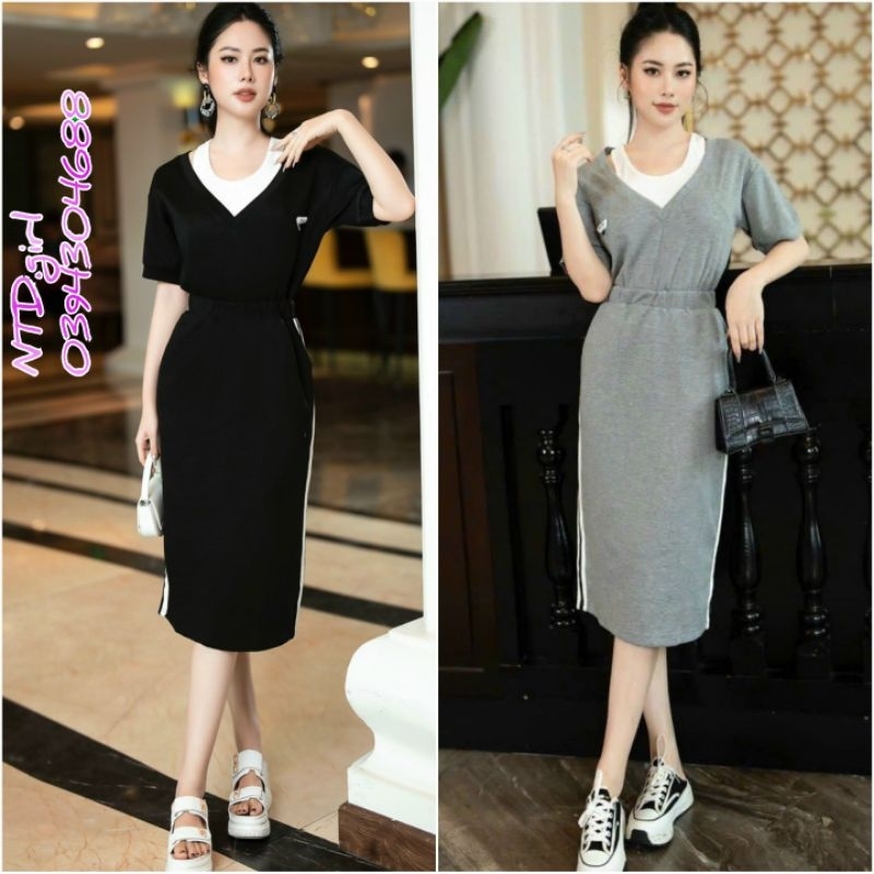 Hàng nhập - Đầm dáng ôm thun mát lạnh phối yếm giả, váy dạo phố tay ngắn viền sọc thể thao