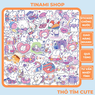 Set 50 Sticker Thỏ Tím Cute không trùng nhau hình dán chống nước dùng trang trí sưu tầm làm quà tặng