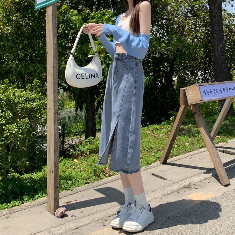 Chân váy jean HuonGu, váy jean nữ dài chữ A xẻ trước