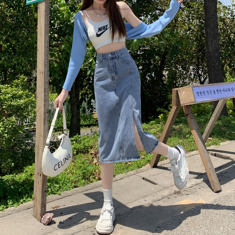 Chân váy jean HuonGu, váy jean nữ dài chữ A xẻ trước