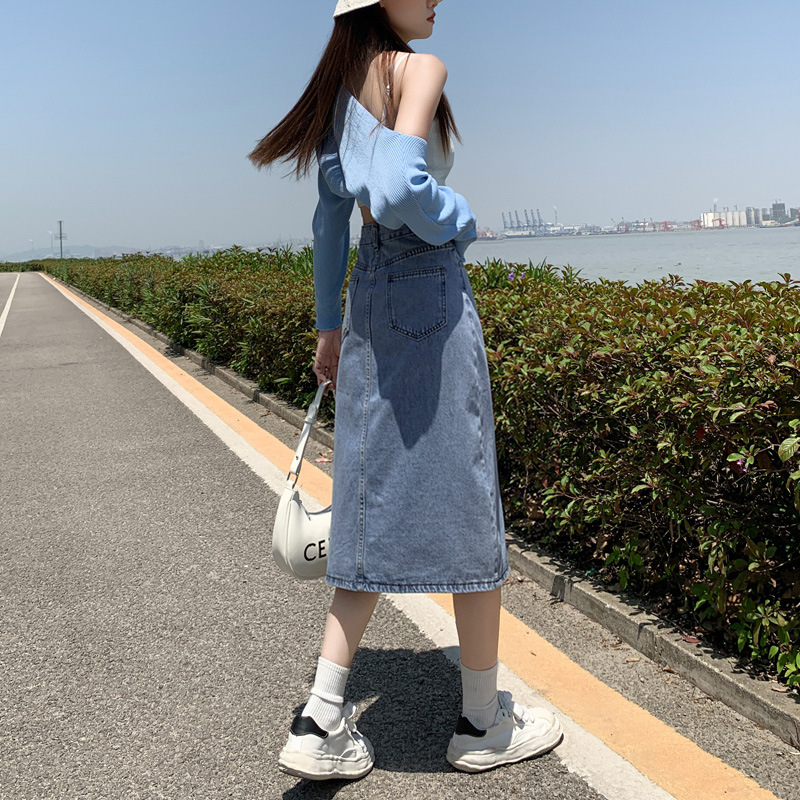 Chân váy jean HuonGu, váy jean nữ dài chữ A xẻ trước