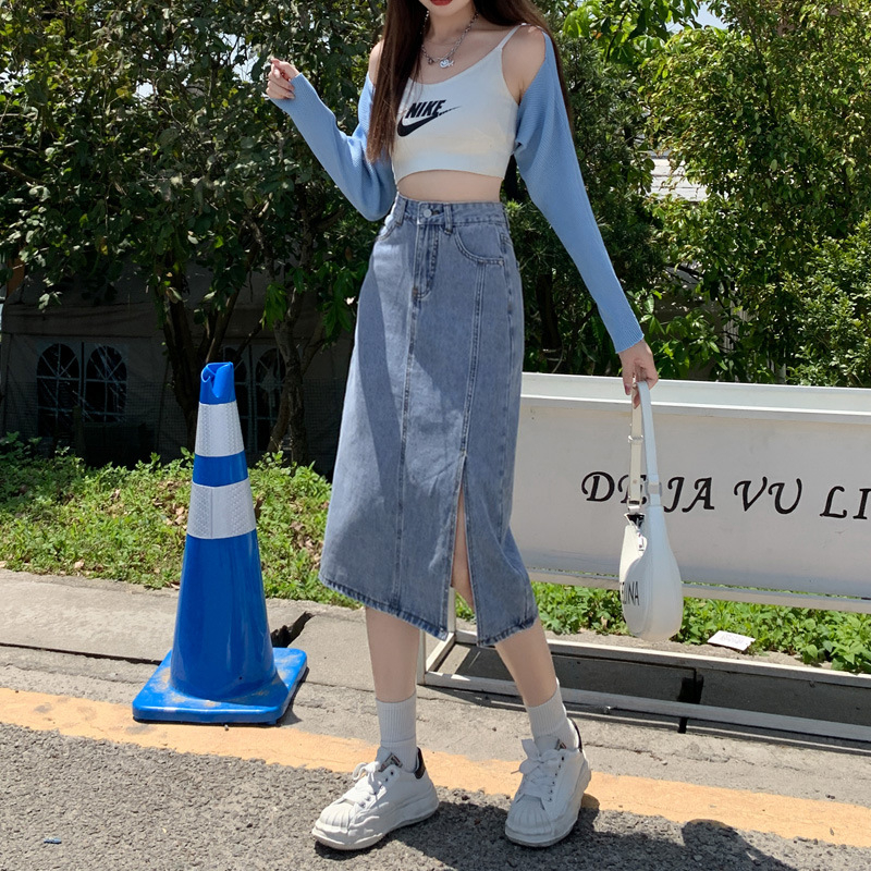 Chân váy jean HuonGu, váy jean nữ dài chữ A xẻ trước