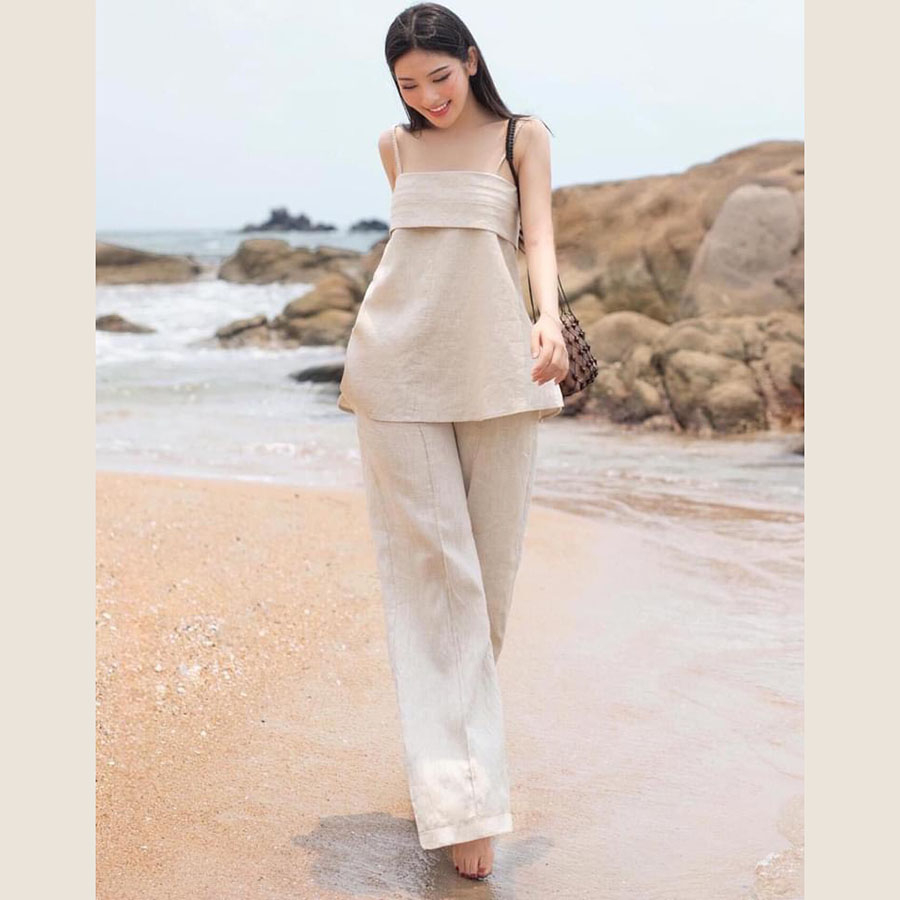 Áo 2 dây nữ Linen bột Hàn Premium dáng xòe dây tết màu muôi tiêu SLINEN