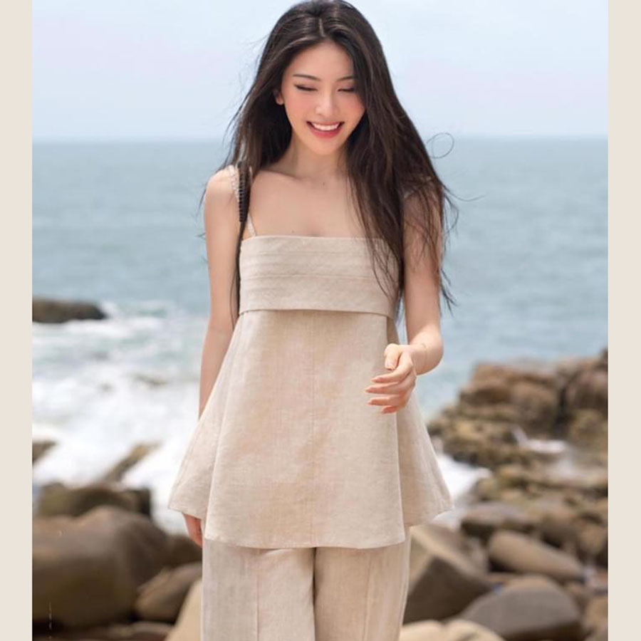Áo 2 dây nữ Linen bột Hàn Premium dáng xòe dây tết màu muôi tiêu SLINEN