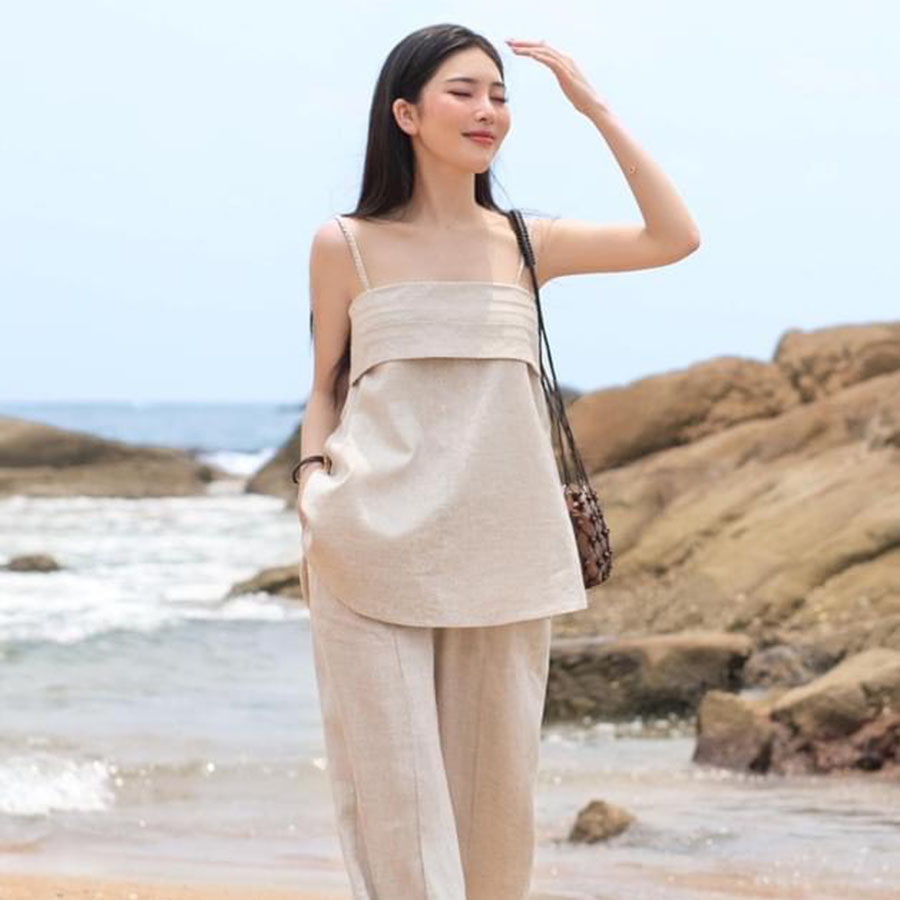 Áo 2 dây nữ Linen bột Hàn Premium dáng xòe dây tết màu muôi tiêu SLINEN