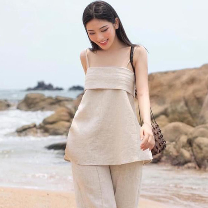 Áo 2 dây nữ Linen bột Hàn Premium dáng xòe dây tết màu muôi tiêu SLINEN