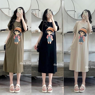 Đầm suông , váy nữ chất cotton dáng dài in hoạ tiết cô gái đội mũ tay hến ba màu xinh xắn