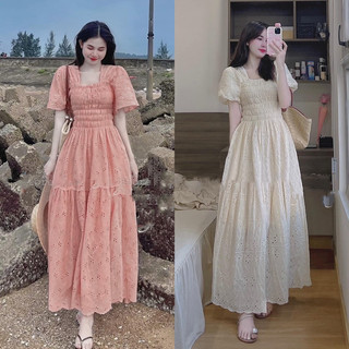 Đầm midi xô ren hoa smocking đuôi cá