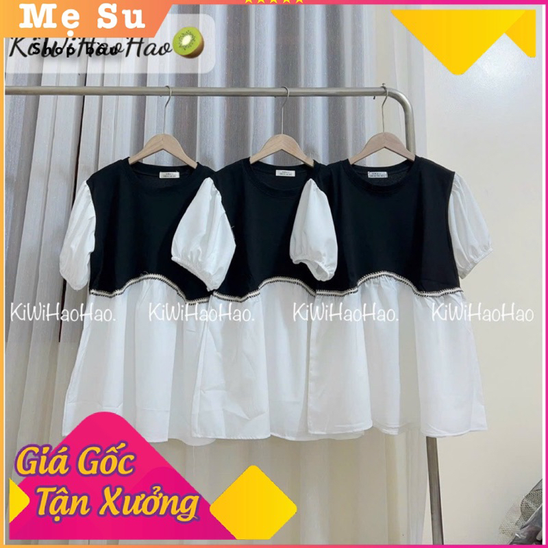Áo Bầu Thời Trang Công Sở Dáng Baby Doll Chất Cotton Phối Sơ Mi Tay Bồng