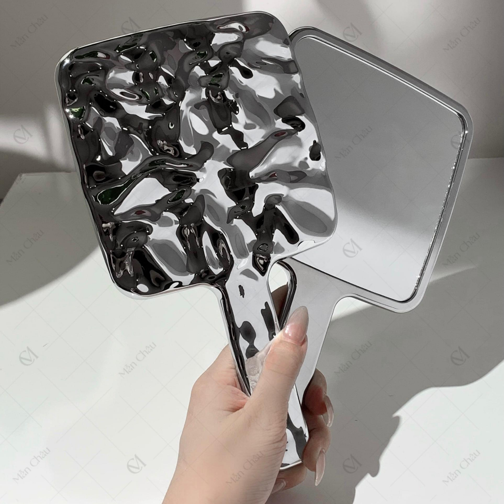 Gương bạc vuông cầm tay họa tiết Chorme sang chảnh 13cmx23cm